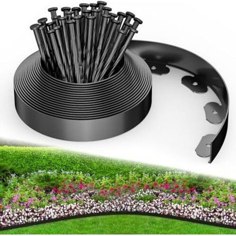 Bordure de jardin en plastique, 10 m, avec 30 piquets, flexible pour bordures de parterres de fleurs, bordures de gazon, pelouses et allées (1/4)