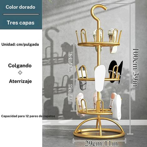 Ortviai – Range-chaussures rotatif 360° à 3 niveaux – structure métallique dorée, gain de place – compatible entrée, dressing, balcon et chaussures de toutes tailles (1/5)