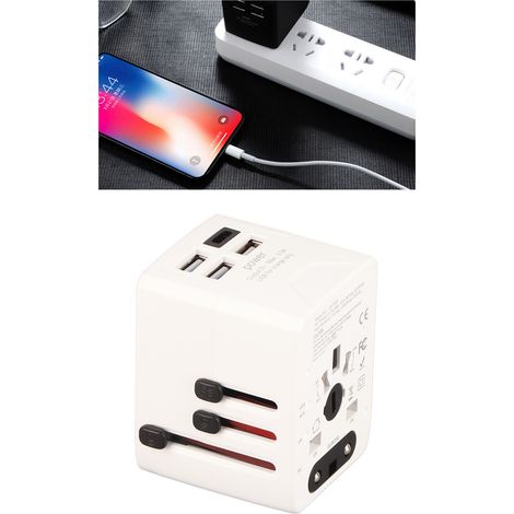 Adaptateur de voyage universel, convertisseur de puissance international, multiprises 110-250 V, 3 ports USB et USB-C, blanc (1/5)