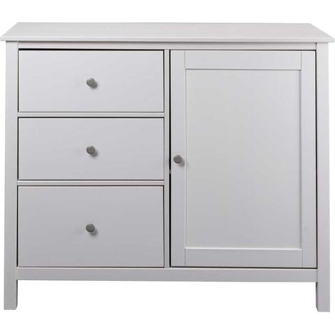Buffet 1 porte 3 tiroirs 110x39,5x96 cm en pin blanc - CHILOM (1/3)