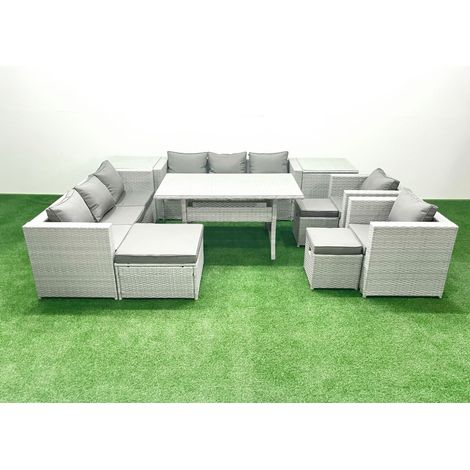 Fimous Rattan Gartenmöbel-Set Outdoor 8 Sitzer mit Esstisch 2 Sesseln 2 Beistelltischen 3 Fußhockern Hellgrau gemischt (1/5)
