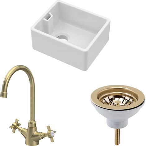 Fireclay Kitchen Bundle - Compact 460mm Single Bowl Belfast Sink + Strainer Waste & Mono Crosshead Tap, Brushed Brass by Balterley (1/4)