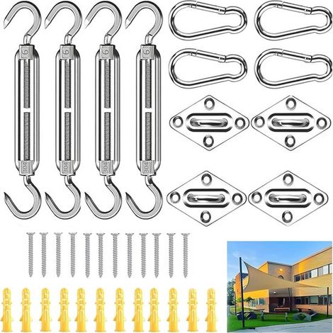 Kit de fixation pour voile d’ombrage en acier inoxydable 36 pièces – Kit de montage M6 avec plaques à œil tendeurs et mousquetons – Pour tous types de voiles d’ombrage (1/5)