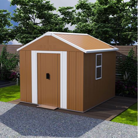 Caseta de jardín de acero 196 x 110 x 194 cm, puerta con cerradura, ventilada, marrón OKMYHOME (1/5)