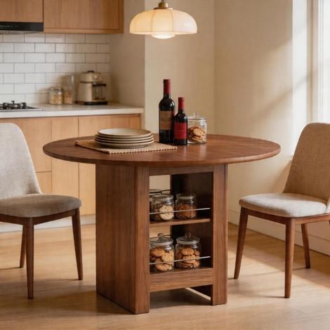 Table à manger - SOGEU - Ronde 100 cm - Plateau effet noyer - Rangements ouverts - 4–6 personnes (1/5)