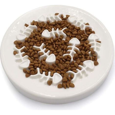 Slow-feeding cat bowl, ceramic cat feeder tray, fish bone design, interactive and fun, slows down the pet's eating speed, prevents bloating (1/4)