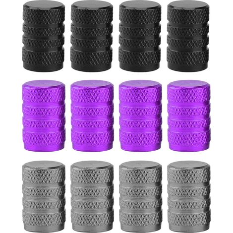 Lot de 12 bouchons de valve de pneu de voiture - Capuchons de valve de pneu de voiture durables - En aluminium - Noir, violet, gris (1/5)