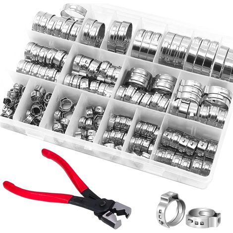 170 Pièces Kit de Colliers de Serrage en Acier Inoxydable, 14 Tailles (5,3 à 33,1 mm), Comprenant une Pince à Colliers et Collier de Serrage, pour L'automobile, la Maison, L'industrie (Argent) (1/5)