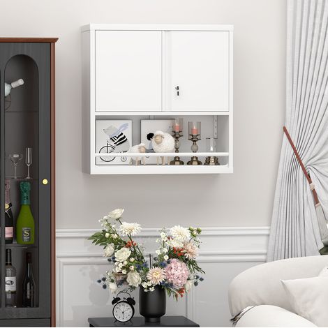 Armario de pared blanco de metal con baldas ajustables y cerradura (1/5)
