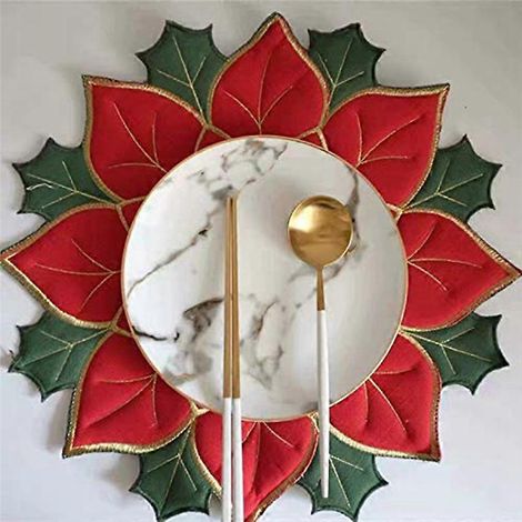 Sets de table brodés de Noël, appliqués poinsettia, sets de table A (1/5)