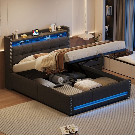 Lit coffre 140x200cm en lin - avec LED & prise USB - avec sommier à lattes - Gris (1/5)