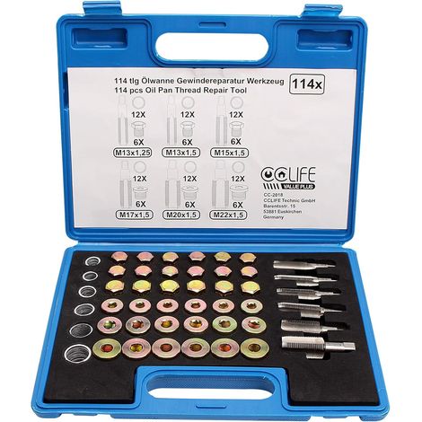 CCLIFE 114pcs Oil Pan Thread Repair Kit M13 M15 M17 M20 M22 Drain Plug Tool For oil drain screws, durable thread repair, various sizes, easy application, workshop and DIY (1/5)