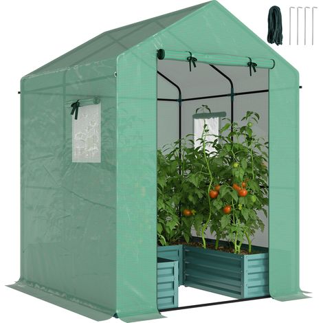 Outsunny Small Greenhouse Outdoor Greenhouse with Roll Up Door, Green