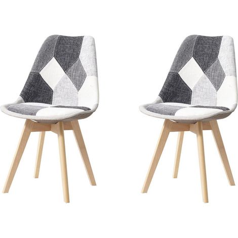 2er Set Esszimmerstühle Patchwork Grau mit Massivholzbeinen und abnehmbarem Kissen (1/5)
