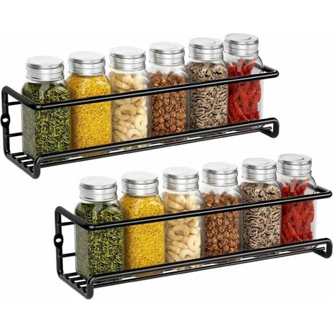 Rack À Épices - Acier Carbone - Fixation Murale Sans Perçage - Pour Épices Condiments Petits Bocaux Sachets De Thé - 29 x 6,5 x 6,5 cm - Noir - 2 Pièces (1/5)