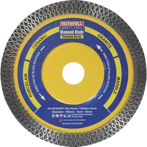 Faithfull 105mm Porcelain Diamond Blade 16mm Bore, 10mm Rim, Wet & Dry
