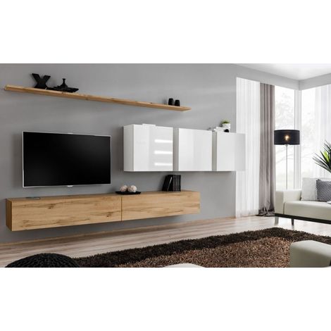Ensemble mural - Switch VII - 3 vitrines carrées - 2 bancs TV - 2 étagères - Bois et blanc - Modèle 1 - Livraison gratuite