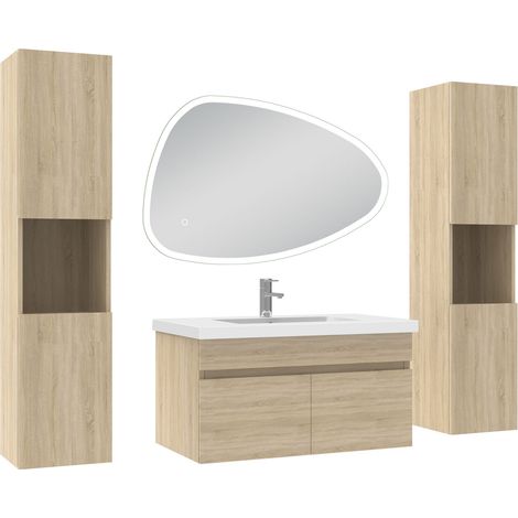 Ocean meubles simple vasque 80cm colonne + vasque + miroir 3 couleurs lumineux Chêne Wotan (1/5)