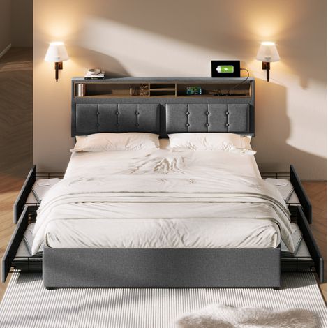 Lit rembourré en lin gris 140x200 cm avec 4 tiroirs, tête de lit réglable et prises USB-C, sommier à lattes inclus (1/5)