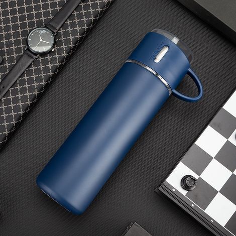 Bouteille isotherme en acier inoxydable de 450 ml avec compartiment pour café chaud et froid. (bleu, monochrome) (1/3)