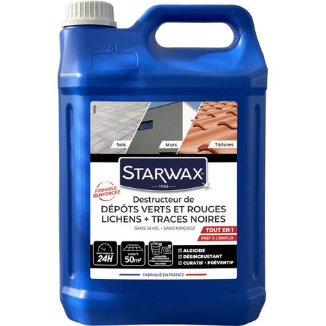 Destructeur de dépôts verts, rouges, lichens et traces noires prêt à l'emploi pour toitures, murs et sols extérieurs 5L STARWAX