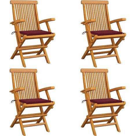 Sillas de jardín 4 uds madera teca con cojines rojo tinto