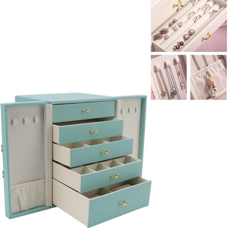 Boîte à bijoux à cinq compartiments et double ouverture, grande boîte de rangement pour bijoux de bureau, boîte de rangement pour colliers de grande capacité (1/5)