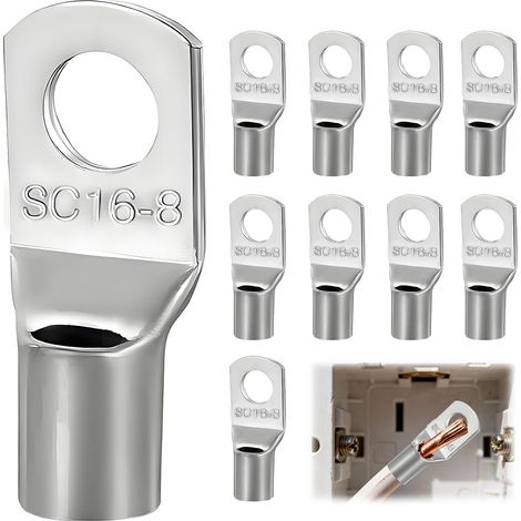 Lot De 10 Cosses Annulaires En Cuivre, Non Isolées Cosses Tubulaires 16mm² M8, Cosse à œillet Electrique Ronde Pour Câbles De Batterie De Véhicules Automobiles Motos Boîtes (1/5)