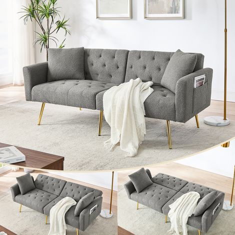 Canapé deux places moderne en polaire bouclée effet peluche, dossier inclinable 3 positions, 2 coussins inclus, pieds en métal robustes, doux et confortable pour salon, appartement en location, petit  (1/5)