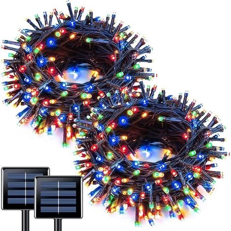 2 guirlandes lumineuses solaires, 100 LED par guirlande, 10 m, 8 modes, étanches IP44, pour jardin et extérieur