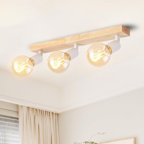 Plafonnier 3 Spots LED E27, Luminaires Intérieur Blanc, Plafonnier Bois avec Base Rectangulaire, Applique Murale Chambre, Lustre Cuisine(Sans Ampoules) (1/5)