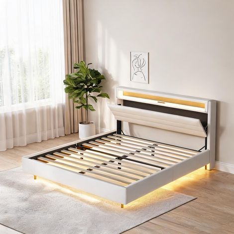 Cadre de lit beige en upholstered 214 x 141 x 106 cm (1/5)