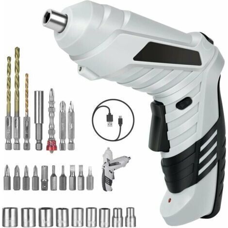 Perceuse Visseuse Sans Fil 3.6Nm, Visseuse Devisseuse 1300mAh 3.6V + 26 Accessoires, 2 Sens Rotation + Lampe LED, Câble Charge USB, Idéal pour Artisans, Installation de Meubles et Jouets (1/4)