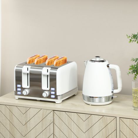 Juego de hervidor y tostadora, hervidor de acero inoxidable de 1,7 L (2200 W) y tostadora de 4 rebanadas, color blanco.
