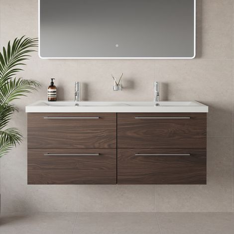 Napoli 390 Brown Oak 1200mm Wall Mounted 4 Drawer Vanity Unit with Double Glide Basins - 1200mm - Chrome 320mm Handle