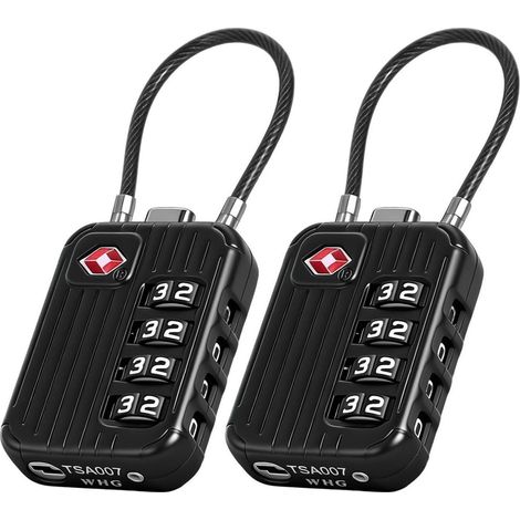 Cadenas à combinaison TSA 4 chiffres, lot de 2, Noir, avec câble flexible