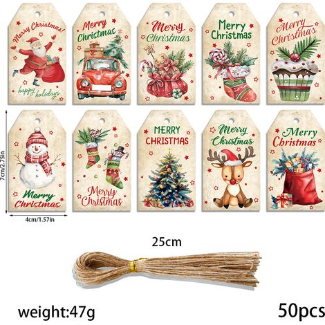 Cartons d'étiquettes cadeaux Noël Kraft, 50 pièces avec ficelle chanvre naturel, motifs sapin et Père Noël (1/2)
