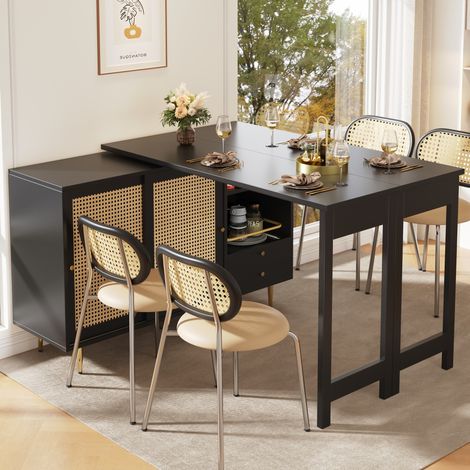 Madia girevole ed estensibile nera con vani contenitori e ante effetto rattan 107x40x71,4 cm (1/5)