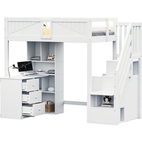 Litera alta 90 x 200 cm de madera blanca con escritorio, almacenaje y escalera reversible (1/5)