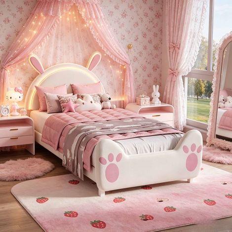 Lit enfant 90x200cm - lit en forme de lapin - lampe de chevet LED - espace de rangement sous le lit - convient pour une chambre d'enfant. (1/4)