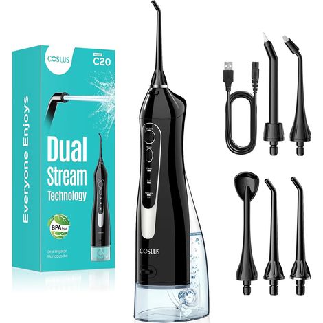 Hydropulseur Jet Dentaire, Grand Réservoir De 300 Ml Hydropulseur Rechargeable Pour Orthodontie Et Gencives Sensibles, Sans Fil, Idéal Pour Les Voyages Et La Famille, Noir (1/5)