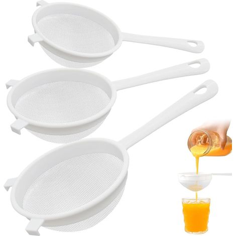 Juego de 3 coladores de harina de plástico, tela de queso de calidad alimentaria, colador de cocina multifuncional con asa y orificio para colgar, para filtrar jugo, café y miel. (1/5)