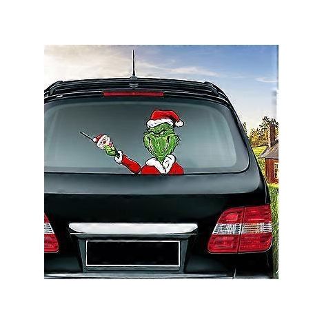 Autocollant pour essuie-glace arrière - Bonhomme de neige de Noël faisant signe de la main - Autocollant 3D animé amusant pour Noël (Monstre de Noël en fourrure verte) (1/4)