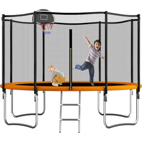 12FT Outdoor Trampoline with Basketball Hoop, Safety Net and Ladder for Kids and Adults, 150kg Capacity, Orange Color