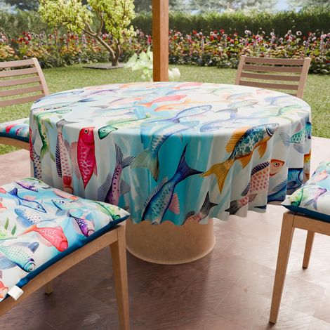 Nappe Ronde Anti-Tache Microfibre (Diamètre Ø 160 cm), Nappes en Tissu de Cuisine pour Table Ronde, Motif Poissons (1/5)