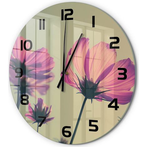 Horloge Murale Ronde Déco Murale Artistique Verre Silencieuse Salon Chambre Fleurs roses fi 60 cm (1/5)