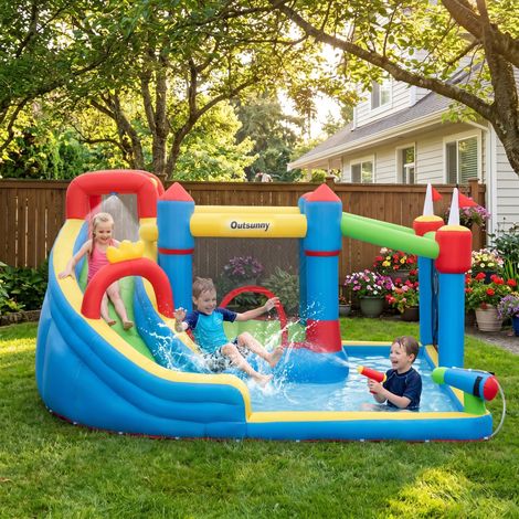 Château gonflable pour enfants avec toboggan, trampoline, piscine, mur d'escalade et gonfleur, 390 x 300 x 197 cm, multicolore (1/5)