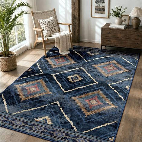 JSSEVN - Alfombra lavable a máquina para salón, 120x180 cm, antideslizante, estilo marroquí, ideal para salón, pasillo, dormitorio y cocina, color azul oscuro. (1/5)
