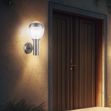 Applique da esterno con rilevatore di movimento luce da giardino luce da esterno applique da parete per casa, sfera in acciaio inox trasparente, 11,5W 750lm 3000K, LxAxP 15x31,7x17,3 cm