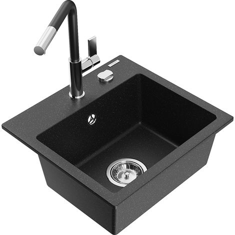 Mexen Milo 1-Becken-Granitspüle mit Mischbatterie Flora, Schwarz/Silbermetallic - 6505-73-670401-07 (1/5)
